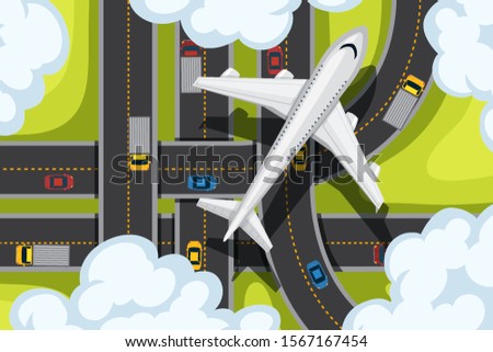 Aerial design with roads and airplane flying illustration