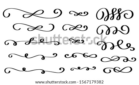 Calligraphy swirls, text divider clipart set. Elegant black swashes and flourishes collection clip art for classic wedding invitation. Design elements for book decoration.