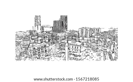 Building view with landmark of Batumi, a Black Sea resort and port city, is the capital of the Georgian republic of Adjara. Hand drawn sketch illustration in vector.