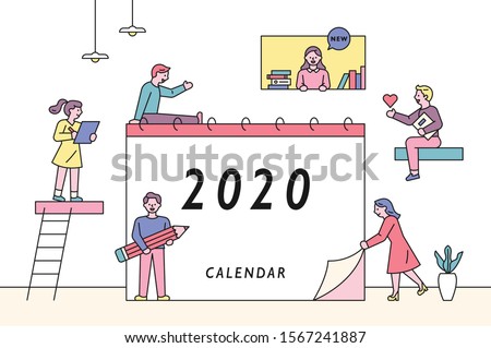 Little cute people characters around the big calendar. People are making plans for the New Year. flat design style minimal vector illustration.