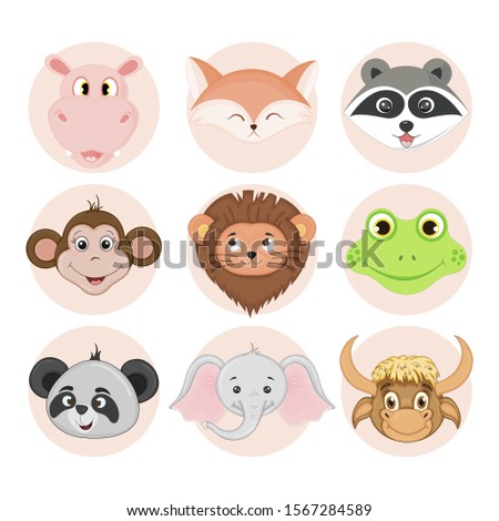 Portraits of funny animals for children on a white background. Cartoon style.