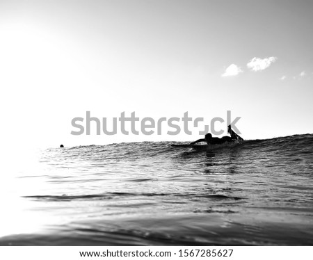 Black and white overexposed surf minimalism - A surfer glides in on a retro longboard on a small wave at Noosa Heads Tea Tree Bay. Lovely beautiful surf scene 