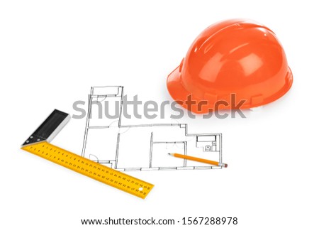 House plan and helmet isolated on white background