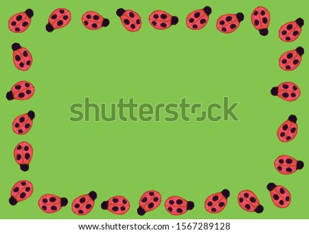 Felt application ladybug on a green background. Mockup for design with copy space.