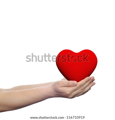 Conceptual 3D heart held in human or woman hands isolated on white background