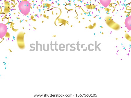 Vector party balloons illustration. Confetti and ribbons flag ribbons, Celebration background template