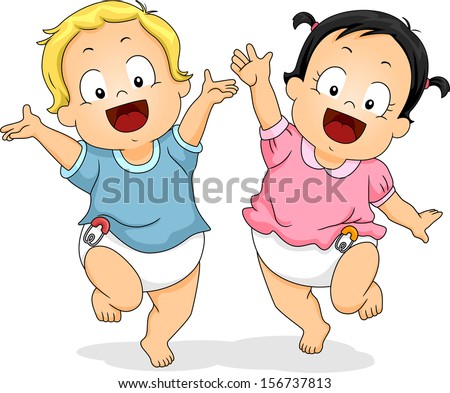 Illustration of Babies in Diapers Happily Dancing Around While Waving Their Hands in the Air