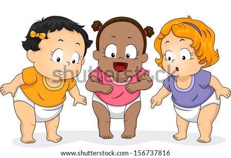 Illustration of a Group of Baby Girls in Diapers Looking Downwards