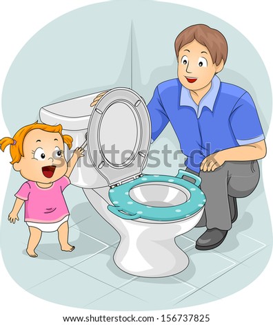 Illustration of a Father Teaching His Young Daughter How to Flush the Toilet