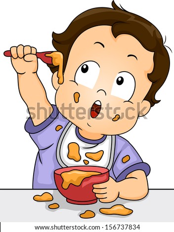 Illustration of a Baby Boy Playing with His Food