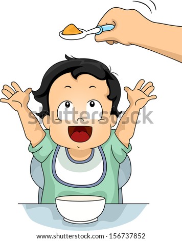 Illustration of a Young Boy Reaching for a Spoon of Baby Food