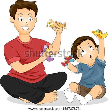 Illustration of a Father and His Young Son Playing with Toy Airplanes