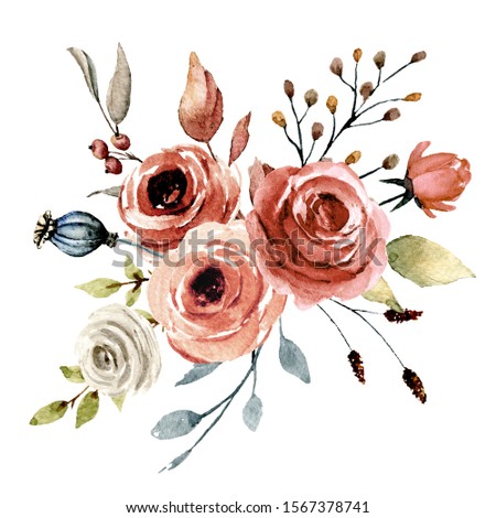 Flowers watercolor, floral clip art. Bouquet roses perfectly for printing design on invitations, cards, wall art and other. Isolated on white background. Hand drawing vintage botanical illustration.