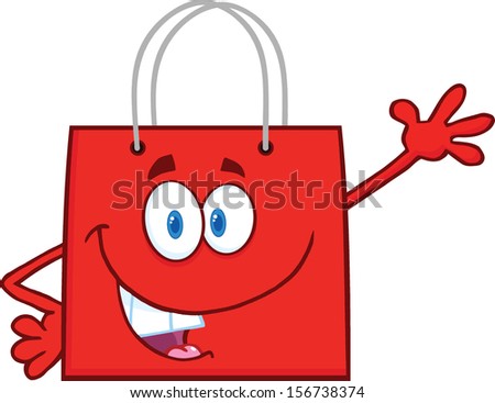 Smiling Red Shopping Bag Cartoon Mascot Character Waving For Greeting. Raster Illustration