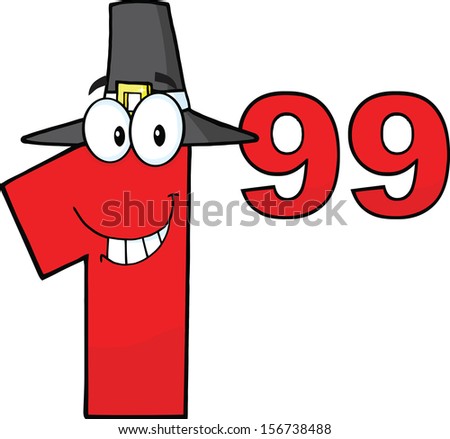 Price Tag Red Number 1.99 With Pilgrim Hat Cartoon Mascot Character. Raster Illustration