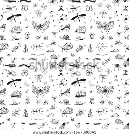 Hand Drawn Seamless Pattern with Insects Bugs, Worms, Caterpillar, Butterfly, Spider, Snail, Dragonfly. Monochrome Insect Repeat Texture, Sketch Vector Print, Wrapping or Fabric.