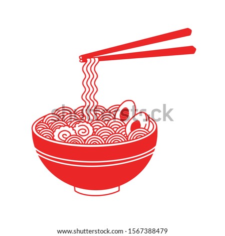 Isolated on white background red ramen noodle soup vector line illustration.Asian Japanese traditional food cuisine. Clip art, menu, poster, print, banner