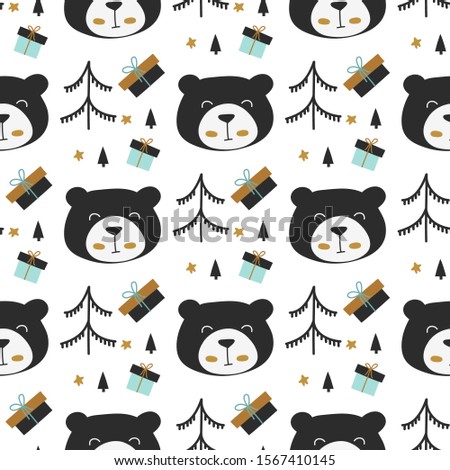 Bear face, clouds and trees, hand drawn vector pattern illustration