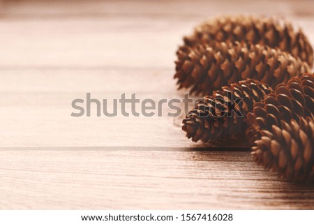 Brown pine cones on a wooden background.  Chocolate toning. Selective focus. Decorative Christmas background.