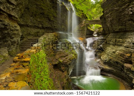 The Rainbow Falls waterfall in Watkins Glen Gorge in New York state, USA.