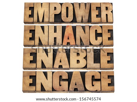 empower, enhance, enable and engage - motivational business concept - a collage of isolated words in letterpress wood type