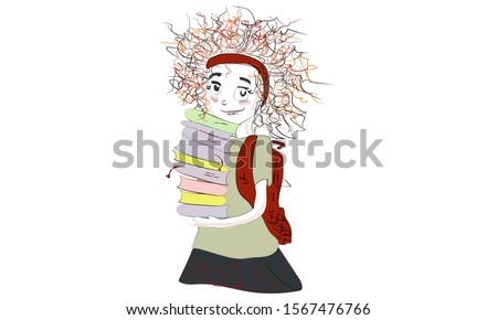 schoolgirl with a stack of books and a backpack. children's vector illustration. hand drawn cute print. back to school