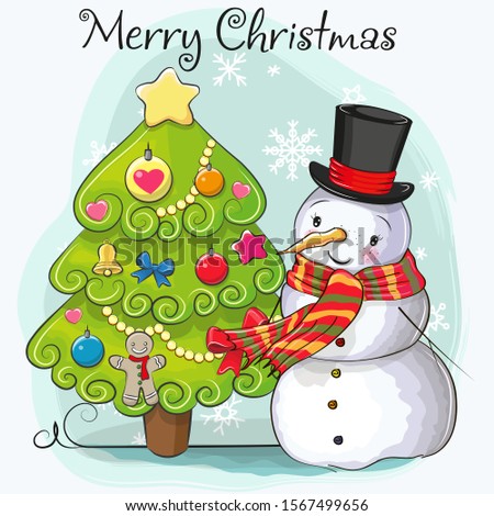 Greeting card Cute Cartoon Snowman in a hat and scarf and fir