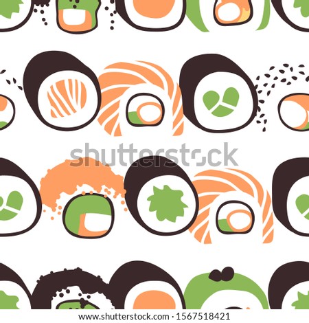 Hand drawn seamless pattern with sea food. Creative ink art work Asian dinner. Actual drawing sushi roll. Vector illustration