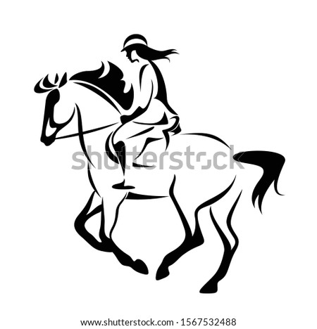 woman riding horse in equine sport competition - black and white vector rider outline