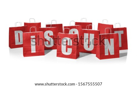 Red shopping bags forming the word discount on a white background