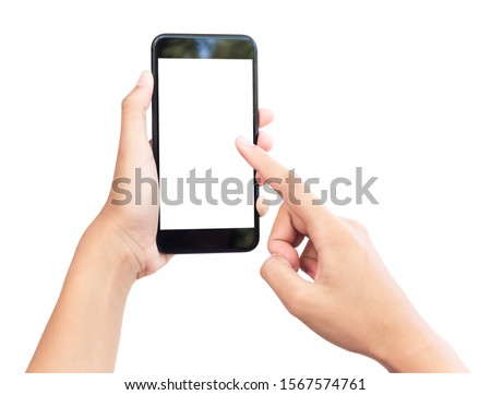 Hand holding mobile smart phone with blank screen. Isolated  white  background and clipping path.
