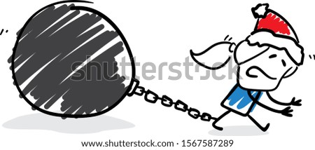 Girl with too much work before new year - pulling a kettlebell.
Girl hand drawn doodle line art cartoon design character - isolated vector illustration outline of woman.

