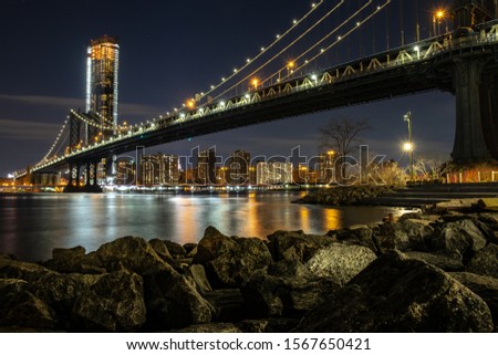 Night view of Manhattan Bridge from Brooklyn, New York.
