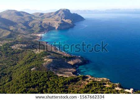 Diferent calas on the North east, and Cap Farrutx at the botton, Majorca, Balearic Island, Spain.