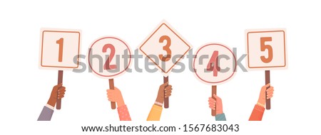 Hands holding signs with amount of scores got. Votes of judges. Tournament or contest. Hands Holding Scorecards. Vector illustration Royalty-Free Stock Photo #1567683043