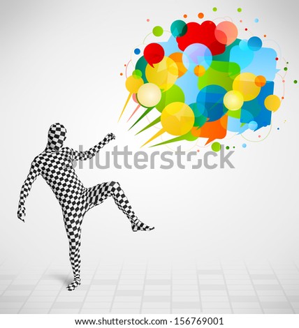 Strange funny guy in morphsuit looking at colorful speech bubbles
