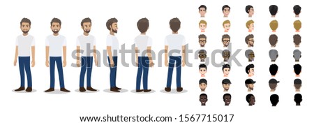 Cartoon character with a man in white casual shirt for animation. Front, side, back, 3-4 view character. Set of male head and flat vector illustration. Royalty-Free Stock Photo #1567715017