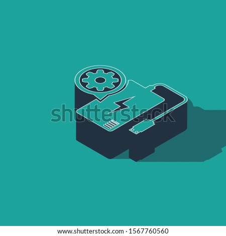 Isometric Power bank with charge cable and gear icon isolated on green background. Adjusting app, service concept, setting options, maintenance, repair.  Vector Illustration