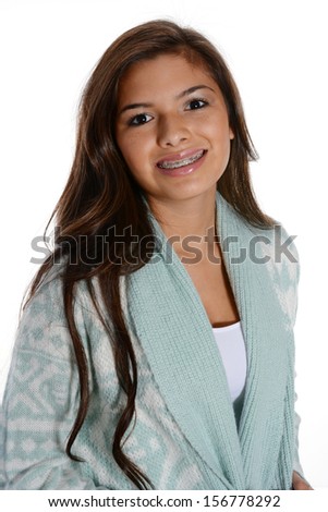 Teenage girl set against a white background