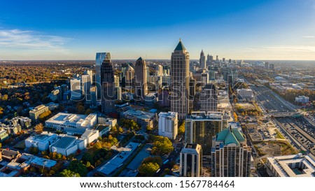 Aerial Panoramic picture of downtown Atlanta Skyline during the golden hour