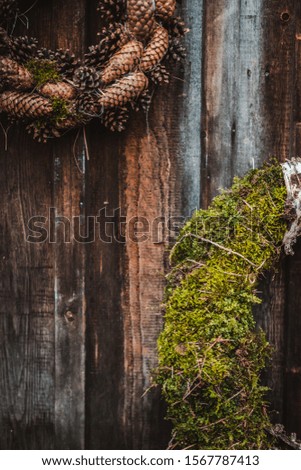 festive rustic wreaths of cones and moss on a dark brown wooden background. Christmas and New year holiday concept. House decoration. free space for text.