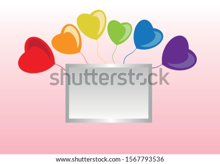 Colored heart balloons. Message area background. Speech box. Valentine's Day gift note paper. Celebration or birthday card.