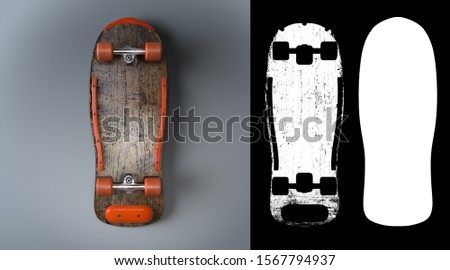 3d rendering of oldschool vintage 80s or 90s skateboard on bright background with real shadow and scratches and luma masks for isolating the board and surface, blend in your photo here, Royalty-Free Stock Photo #1567794937