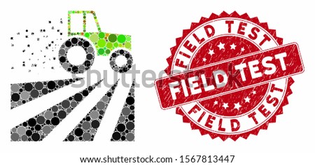 Mosaic tractor dust field and corroded stamp seal with Field Test phrase. Mosaic vector is created from tractor dust field icon and with random round items. Field Test stamp seal uses red color,