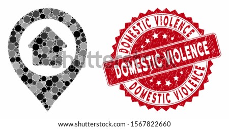 Mosaic home marker and grunge stamp watermark with Domestic Violence text. Mosaic vector is created with home marker icon and with randomized spheric items.