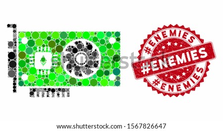 Mosaic Ethereum GPU videocard and distressed stamp seal with #Enemies phrase. Mosaic vector is created with Ethereum GPU videocard icon and with randomized round elements.