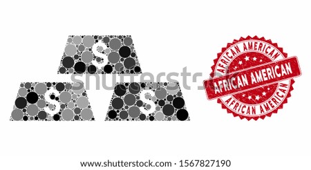 Mosaic dollar bullion bars and distressed stamp seal with African American caption. Mosaic vector is created with dollar bullion bars icon and with random round spots.