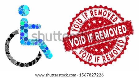 Collage disabled person and rubber stamp watermark with Void If Removed text. Mosaic vector is designed with disabled person icon and with randomized round items. Void If Removed stamp uses red color,