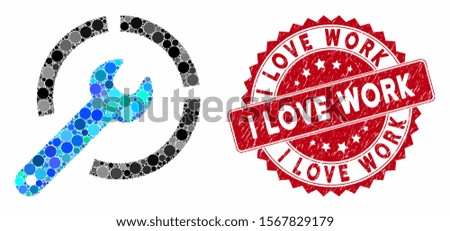 Collage configure spanner and rubber stamp seal with I Love Work text. Mosaic vector is created with configure spanner icon and with random round items. I Love Work seal uses red color,