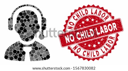 Mosaic call center boss and corroded stamp watermark with No Child Labor phrase. Mosaic vector is created with call center boss icon and with scattered spheric spots.